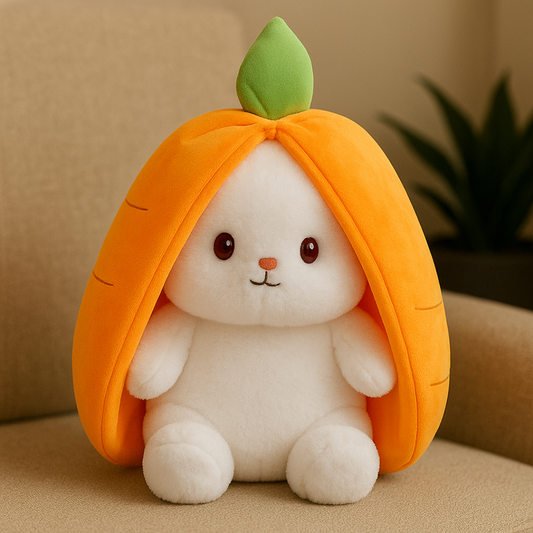Plush toy with a white face and orange carrot-like body on a beige background