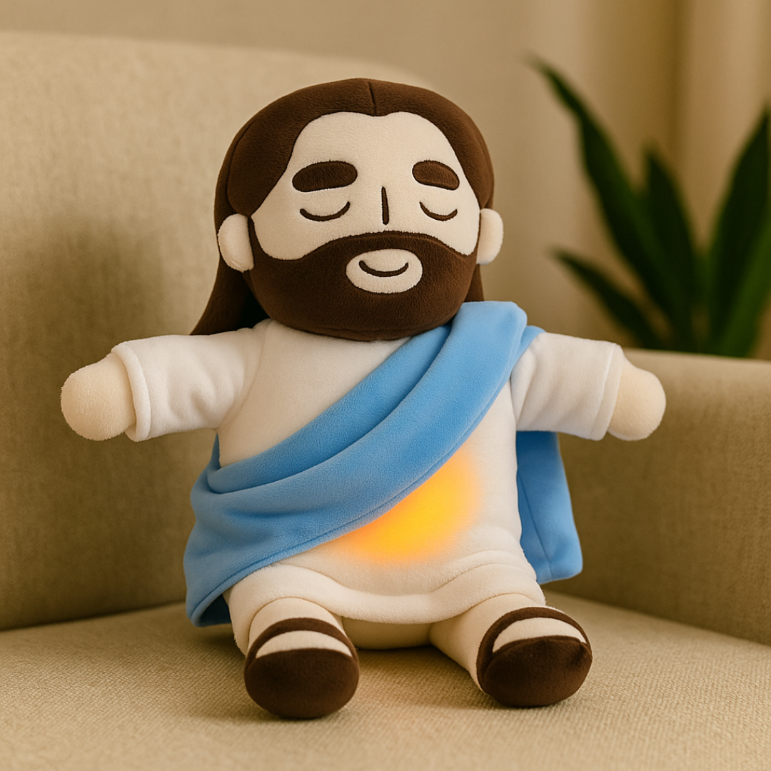 Plush toy resembling a historical figure with a glowing orange light on a beige couch.