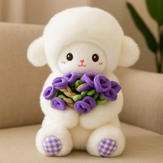 White plush toy sheep holding a bouquet of purple flowers on a beige couch.