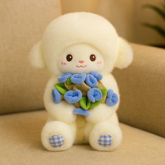 Plush toy lamb holding a bouquet of blue flowers on a beige couch