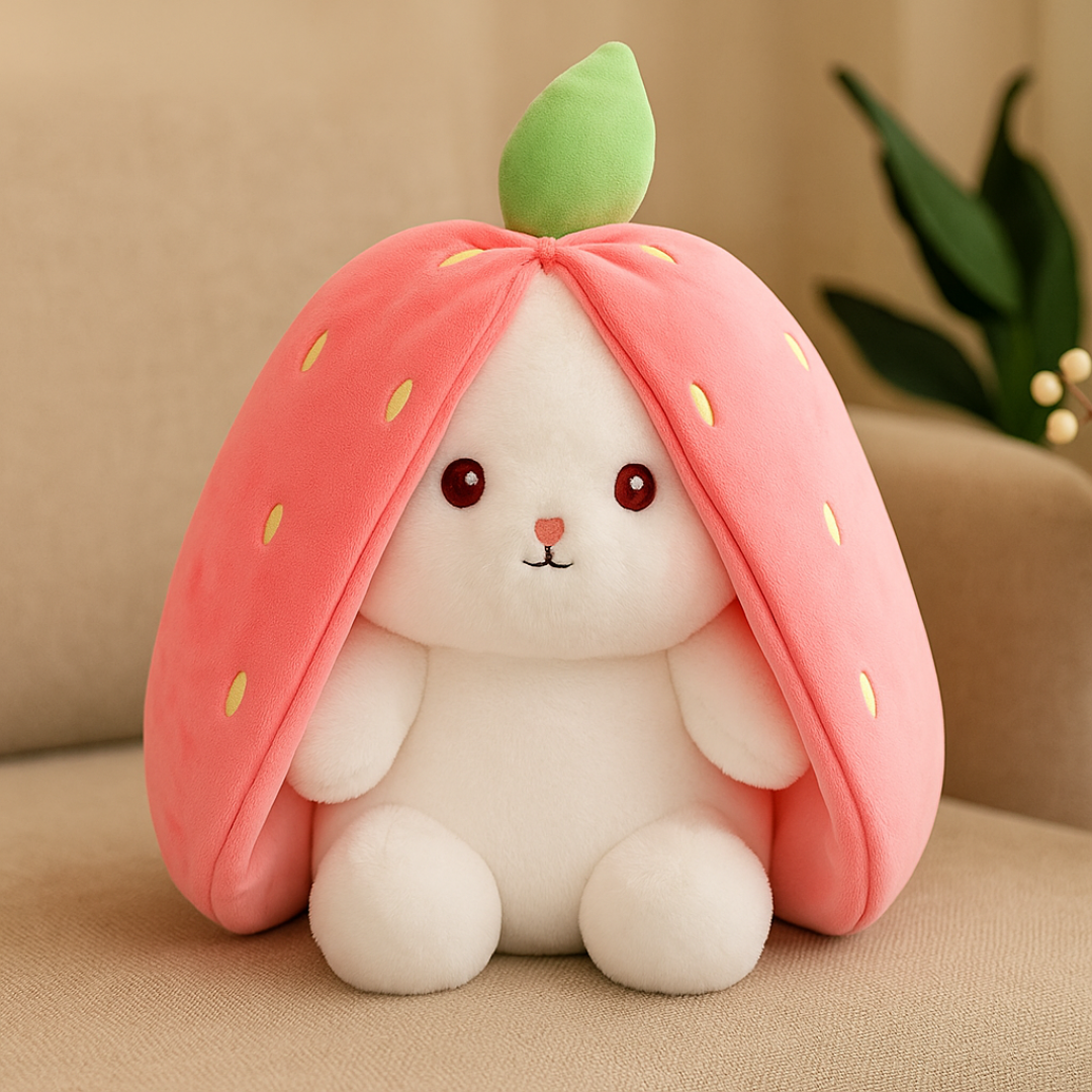 Plush toy shaped like a strawberry with a white rabbit inside on a beige surface.