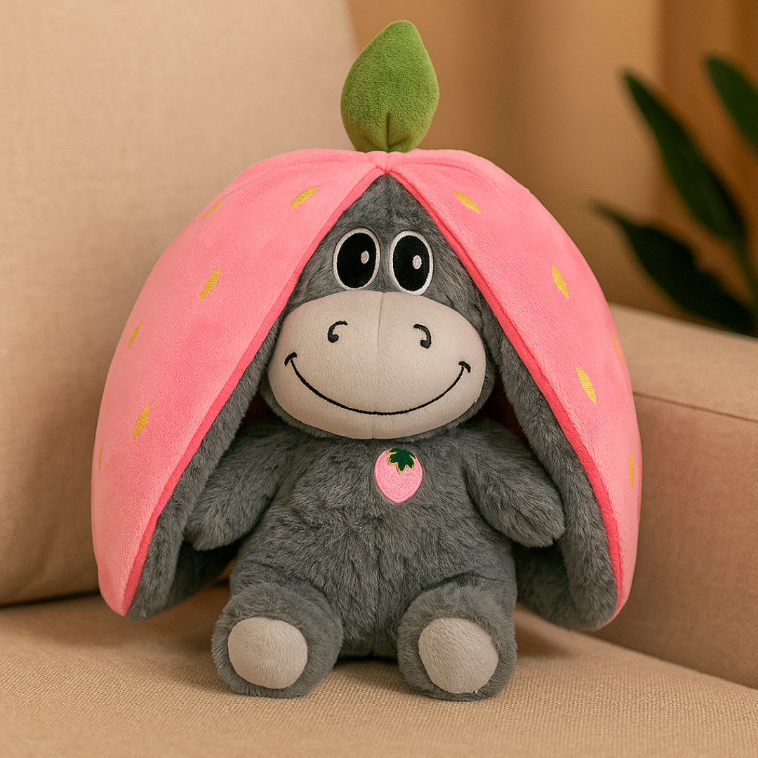 Plush toy donkey with a pink strawberry hat on a beige couch