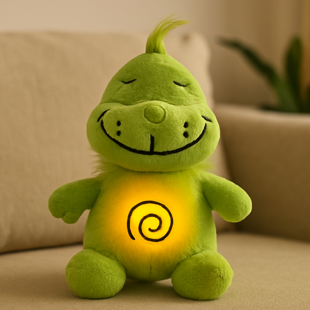 Green plush toy with a spiral light on a beige couch