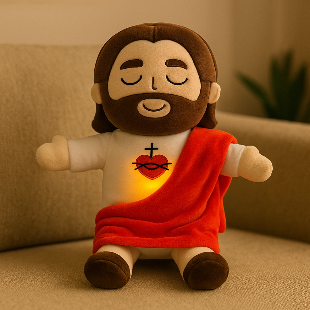 Plush toy resembling a religious figure with a red robe and white face on a beige couch.